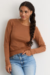 Women's Luxe 100% Organic Cotton Jewel Neck Long Sleeve Tee - Cognac