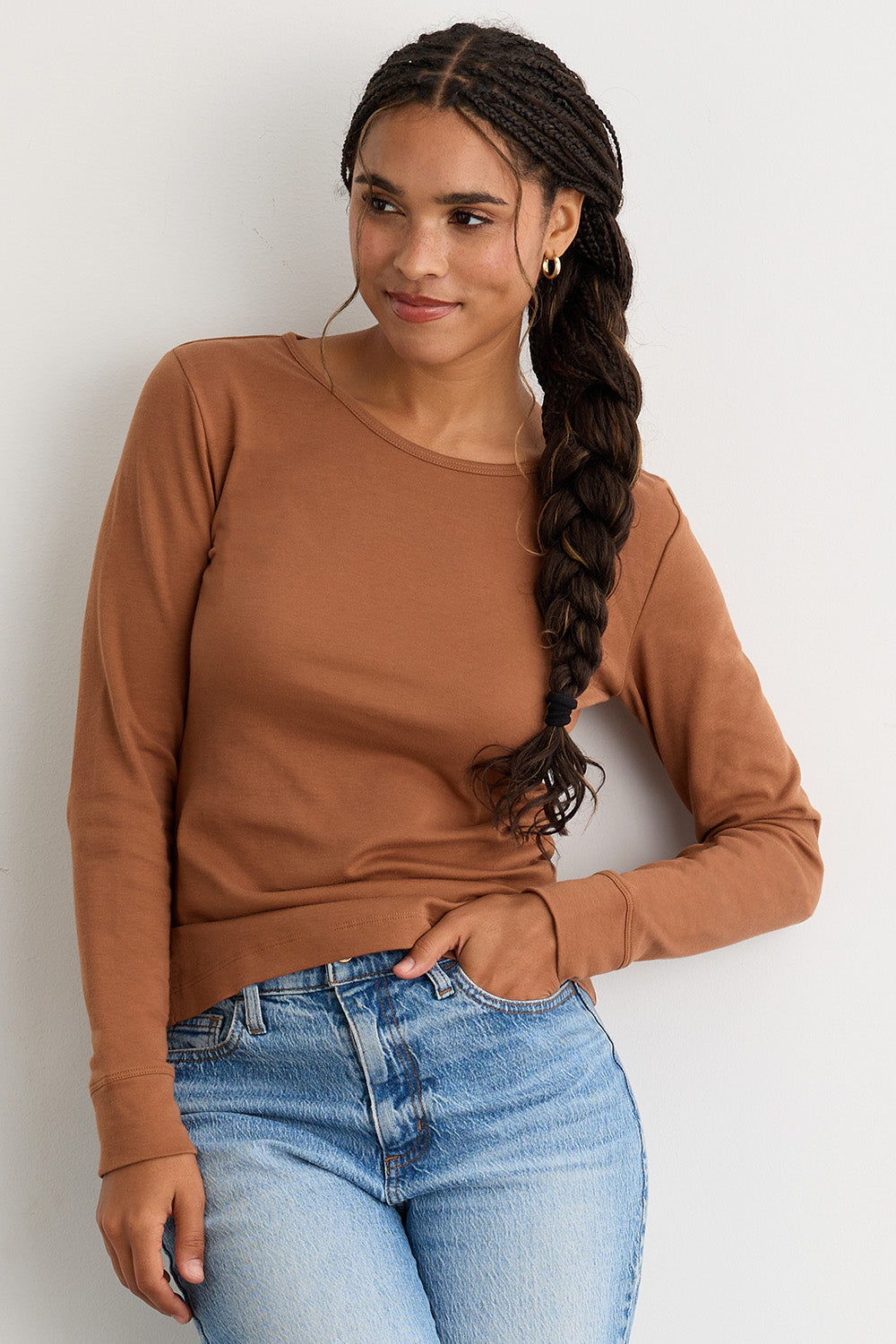 Women's Luxe 100% Organic Cotton Jewel Neck Long Sleeve Tee - Cognac