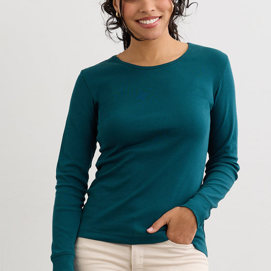 Women's Luxe 100% Organic Cotton Jewel Neck Long Sleeve Tee - Deep Teal