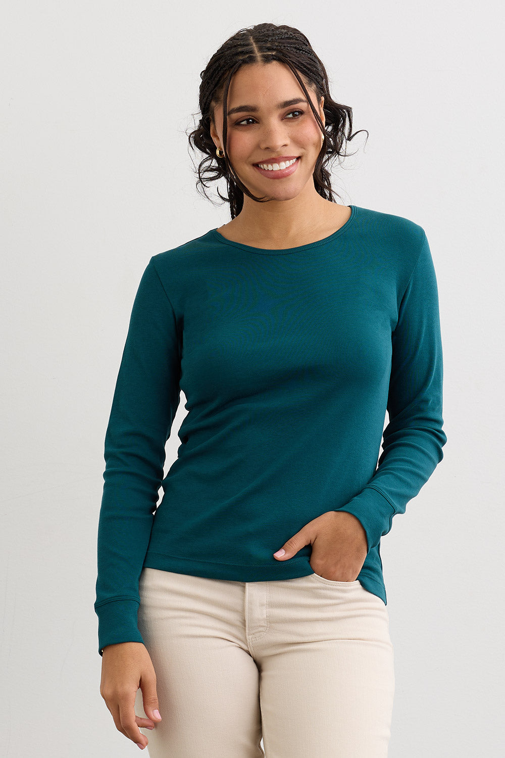 Women's Luxe 100% Organic Cotton Jewel Neck Long Sleeve Tee - Deep Teal