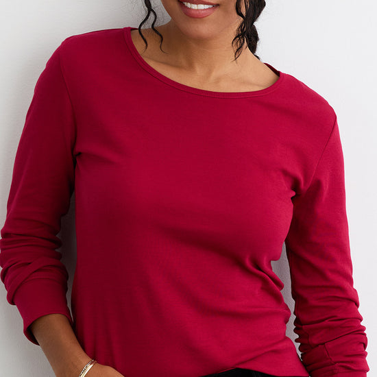 Women's Luxe 100% Organic Cotton Jewel Neck Long Sleeve Tee - Raspberry