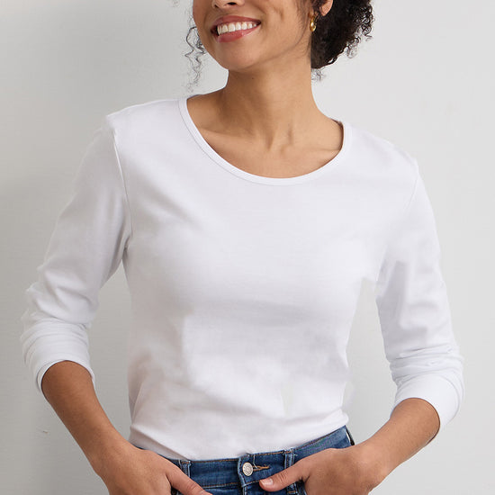 Women's Luxe 100% Organic Cotton Jewel Neck Long Sleeve Tee - White