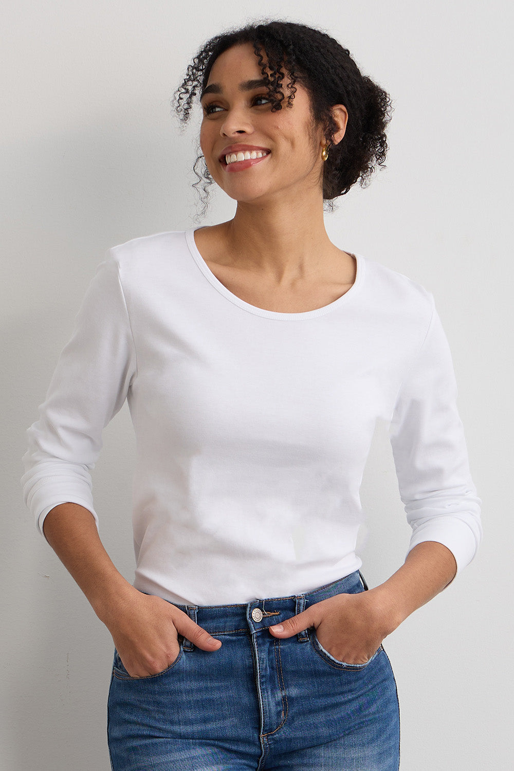 Women's Luxe 100% Organic Cotton Jewel Neck Long Sleeve Tee - White