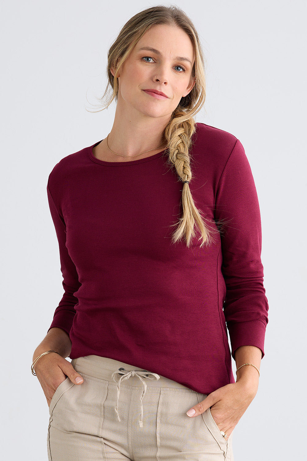 Women's Luxe 100% Organic Cotton Jewel Neck Long Sleeve Tee - Wine