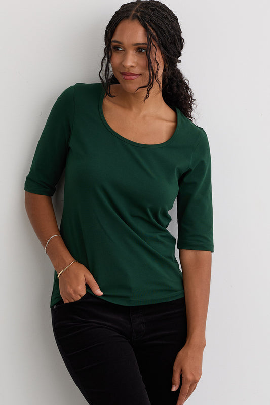 Women's Organic Cotton Elbow Sleeve Wide Scoop Neck Tee - Dark Pine
