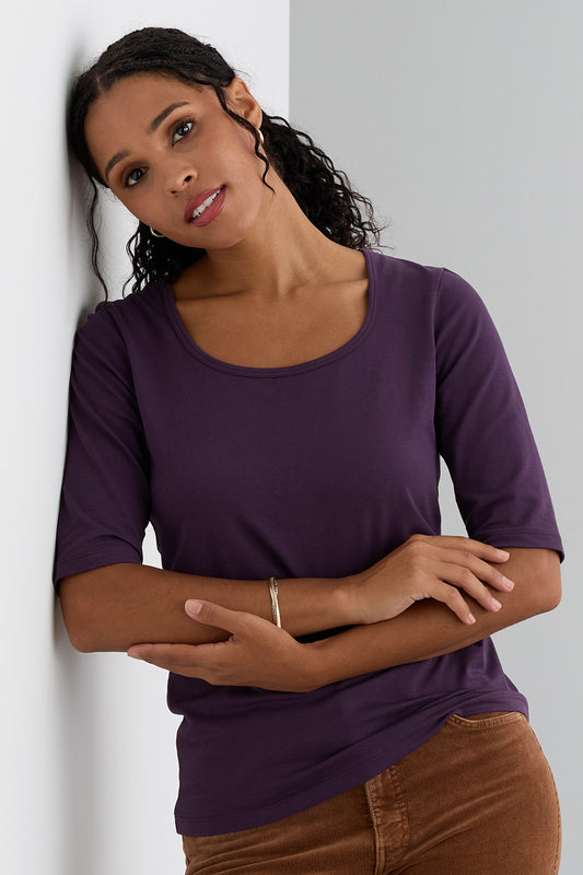 Women's Organic Cotton Elbow Sleeve Wide Scoop Neck Tee - Eggplant
