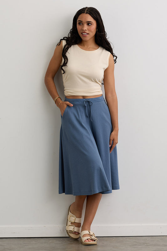 Women's 100% Organic Cotton Midi Skirt with Pockets - Storm Blue