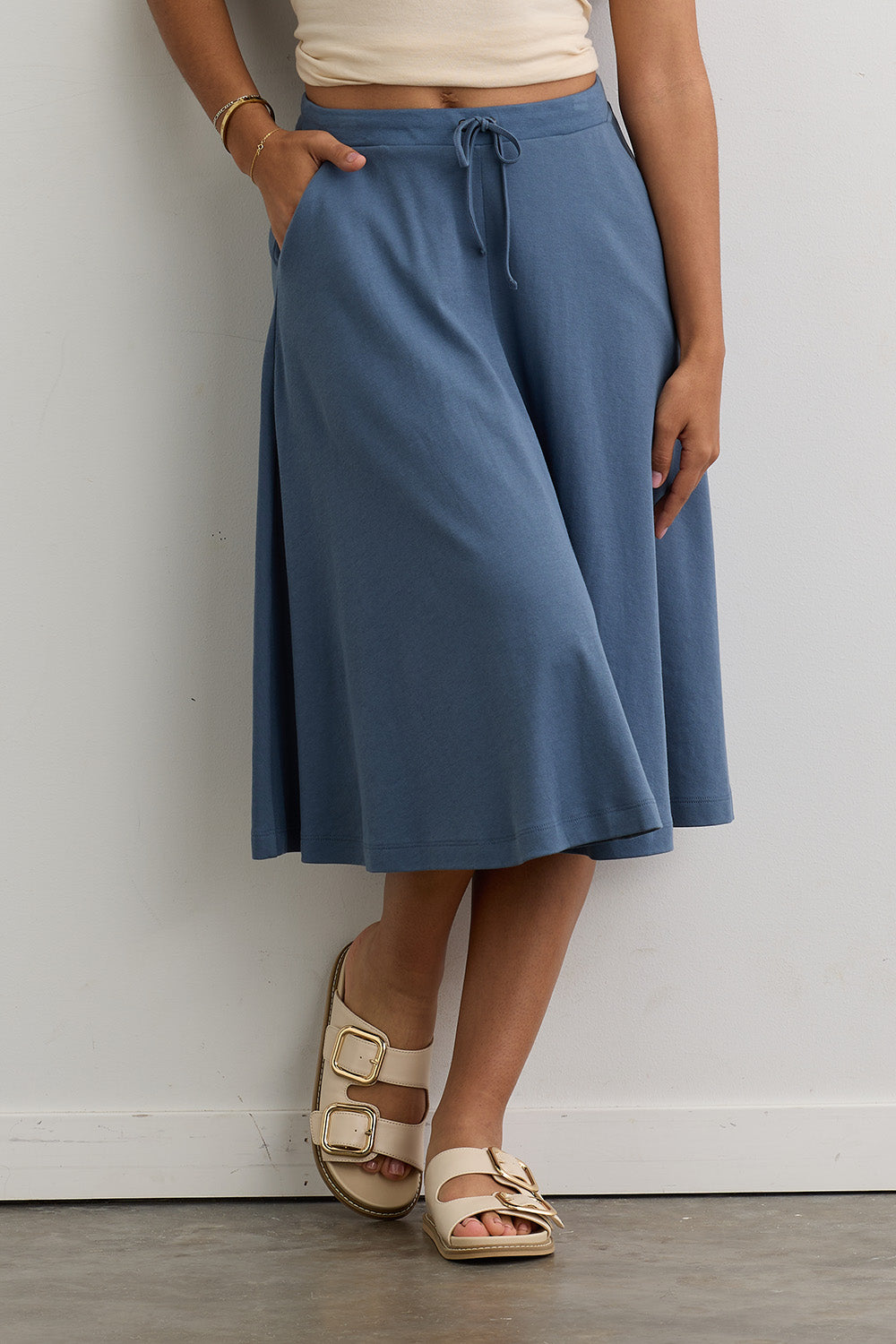 Women's 100% Organic Cotton Midi Skirt with Pockets - Storm Blue