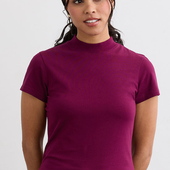 Women's Slim Organic Cotton Short Sleeve Mock Neck Top - Boysenberry