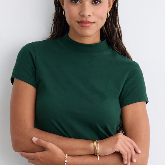 Women's Slim Organic Cotton Short Sleeve Mock Neck Top - Dark Pine