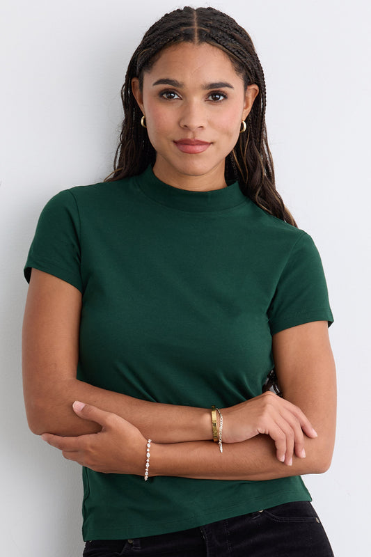 Women's Slim Organic Cotton Short Sleeve Mock Neck Top - Dark Pine