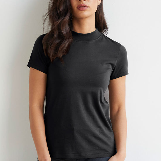 Women's Slim Organic Cotton Short Sleeve Mock Neck Top - Black