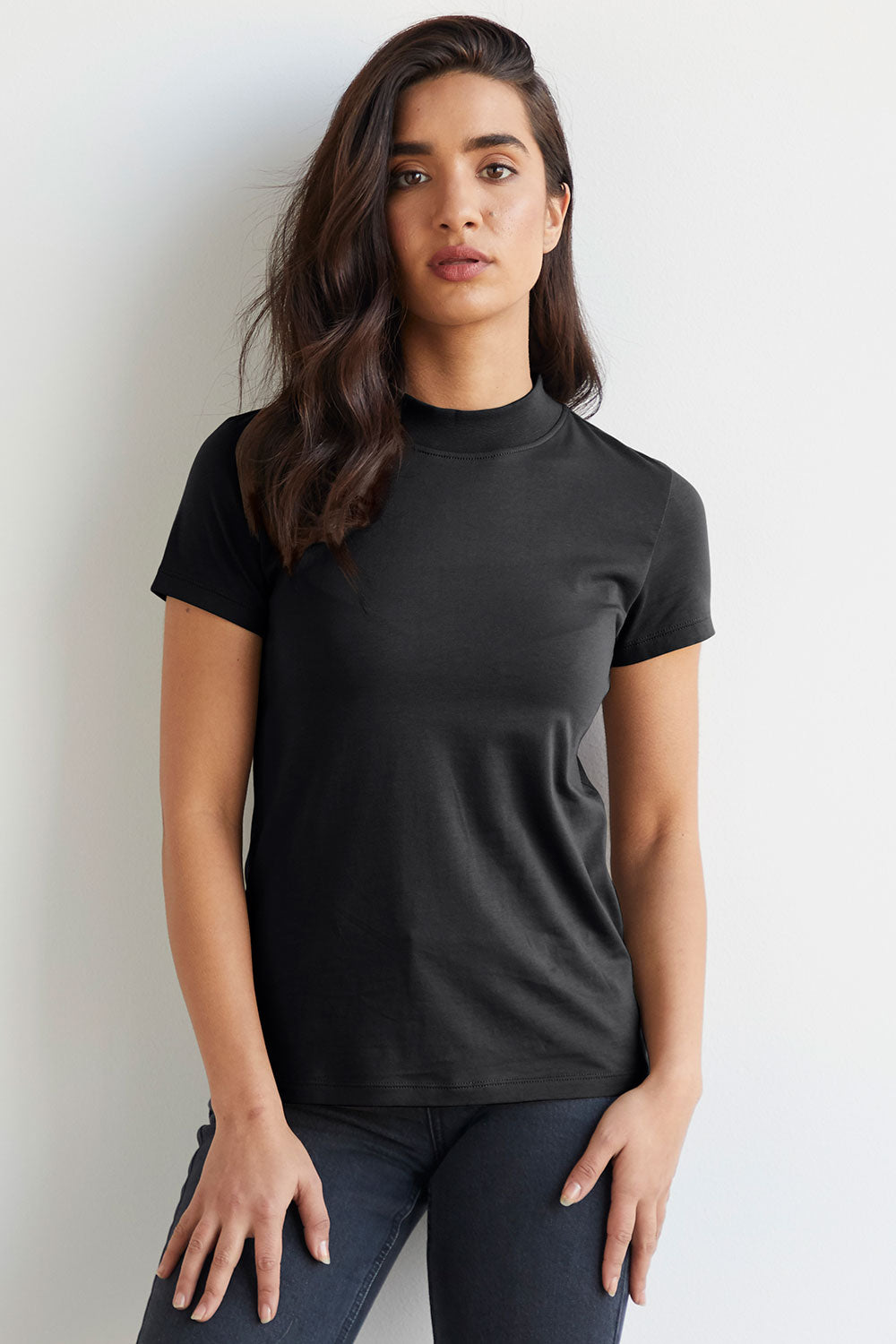 Women's Slim Organic Cotton Short Sleeve Mock Neck Top - Black