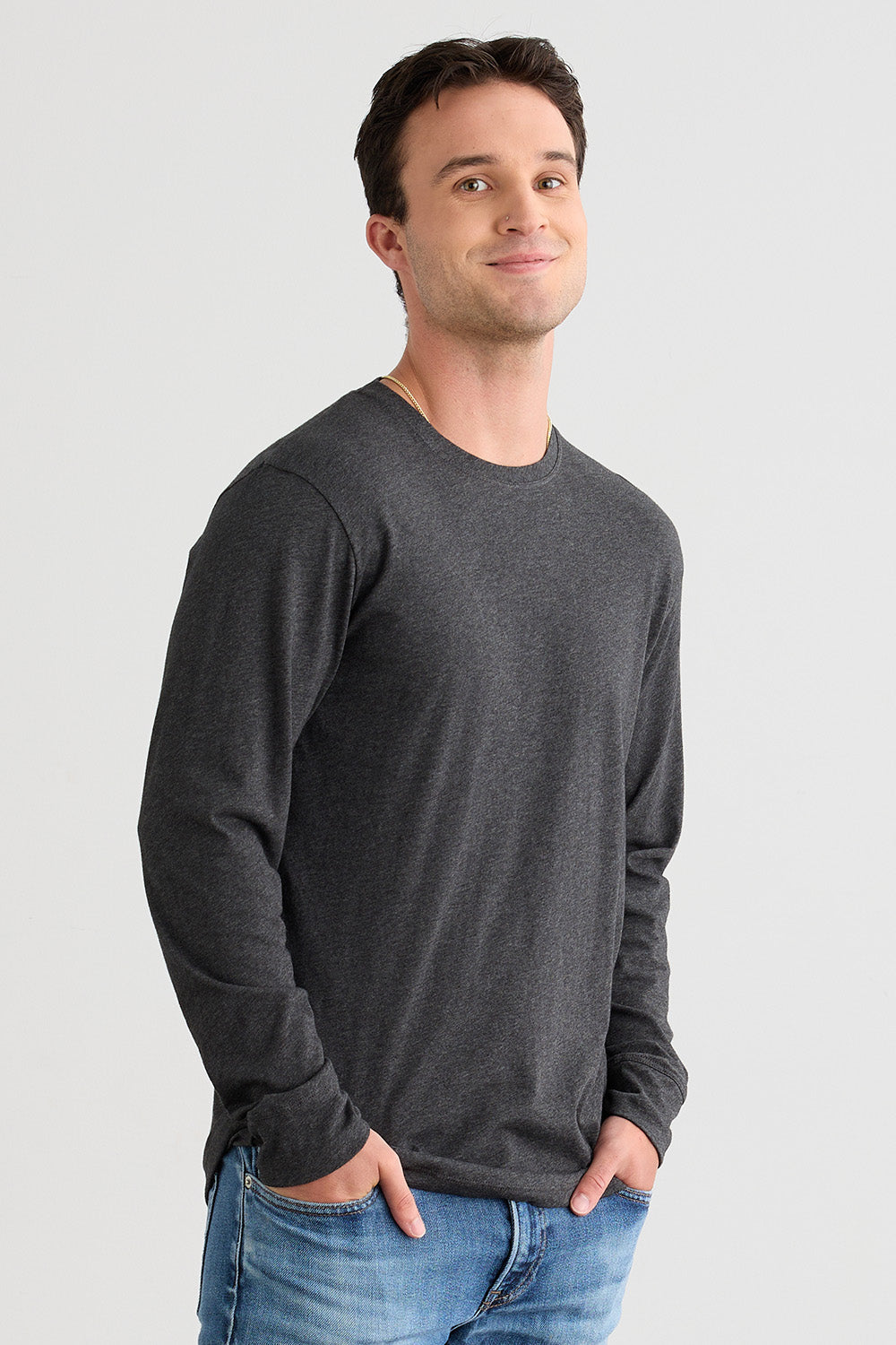 Men's 100% Organic Cotton Long Sleeve Crew Neck T-shirt - Dark Charcoal Heather