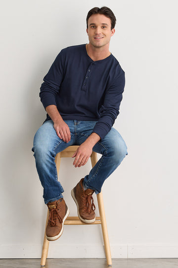Men's Luxe 100% Organic Cotton Long Sleeve Henley - Dark Navy