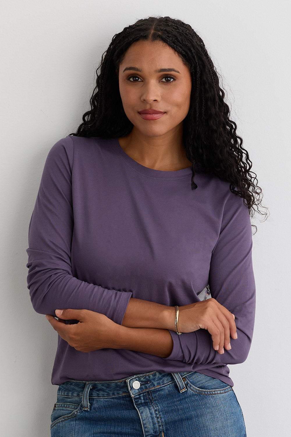 Women's 100% Organic Cotton Relaxed Long Sleeve Crew Neck T-Shirt - Purple Twilight
