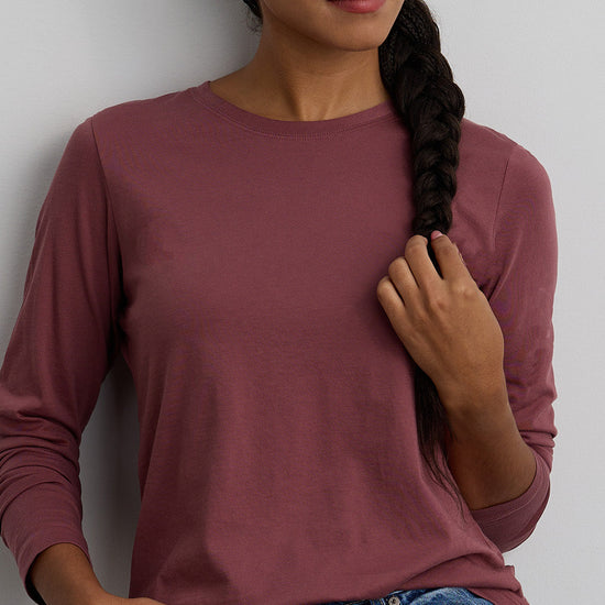 Women's 100% Organic Cotton Relaxed Long Sleeve Crew Neck T-Shirt - Soft Plum