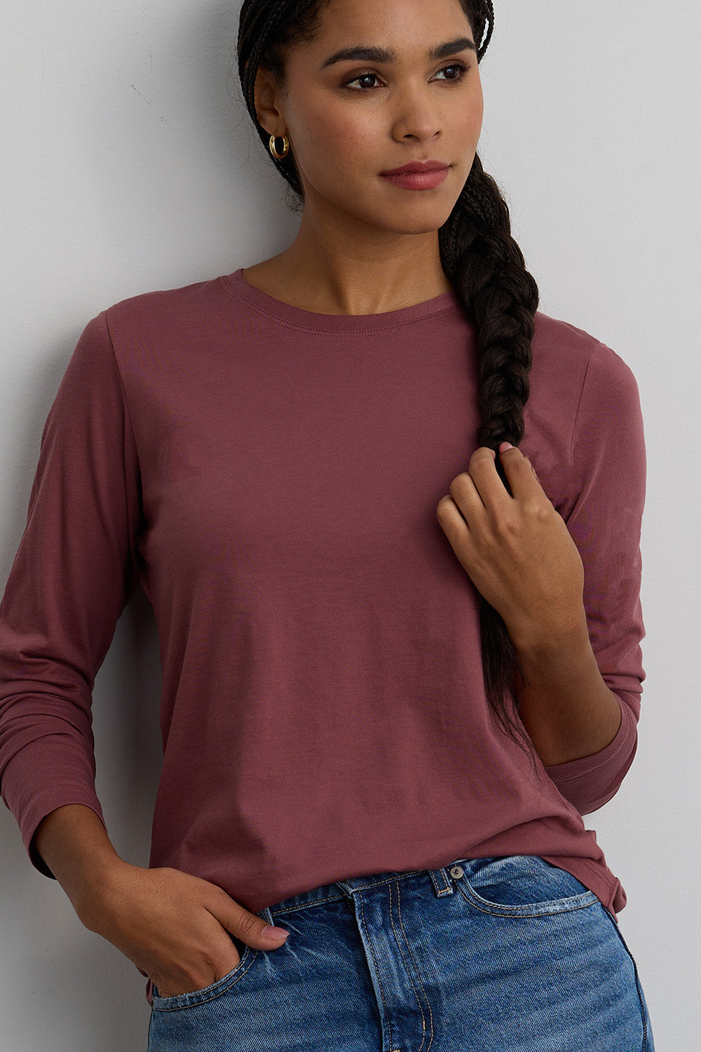Women's 100% Organic Cotton Relaxed Long Sleeve Crew Neck T-Shirt - Soft Plum