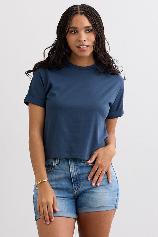 Women's Organic 100% Cotton Relaxed Crop T-shirt - Indigo