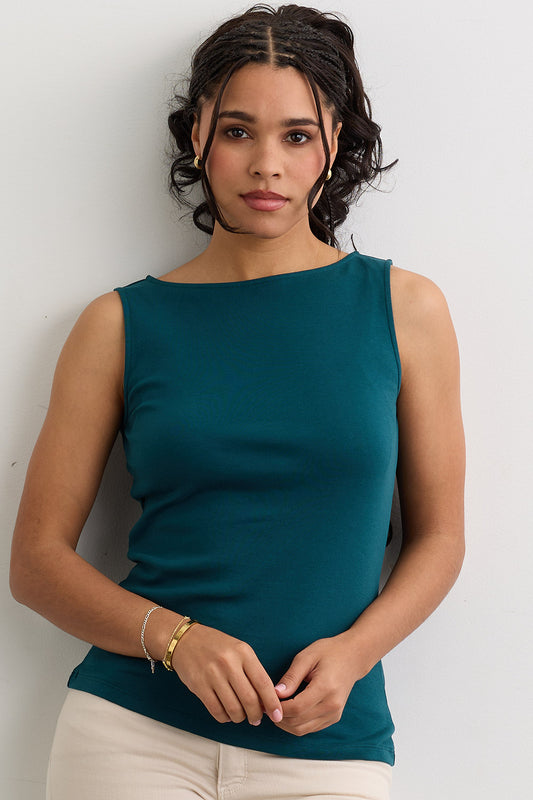 Women's Luxe 100% Organic Cotton Sleeveless Boat Neck Tee - Deep Teal