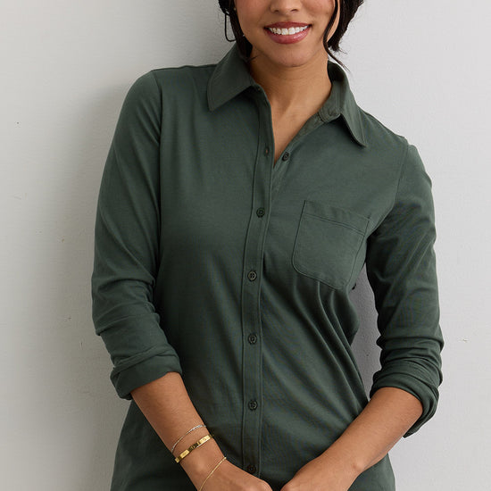 Women's 100% Organic Cotton Knit Button Down Shirt - Balsam