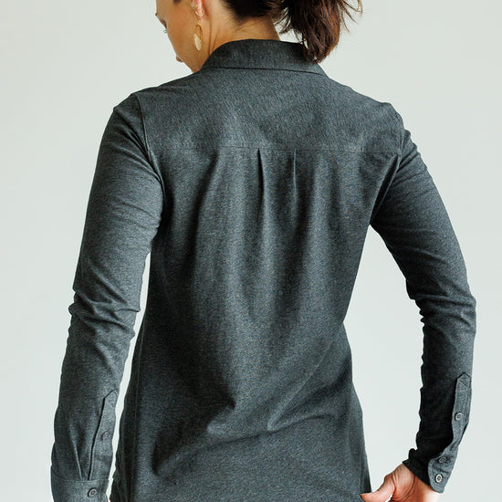 Women's 100% Organic Cotton Knit Button Down Shirt - Dark Charcoal Heather