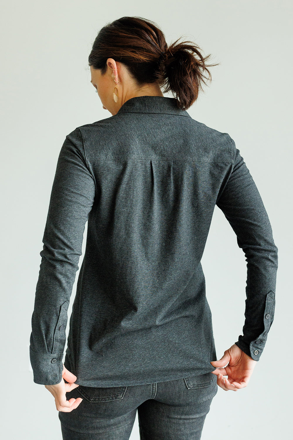 Women's 100% Organic Cotton Knit Button Down Shirt - Dark Charcoal Heather