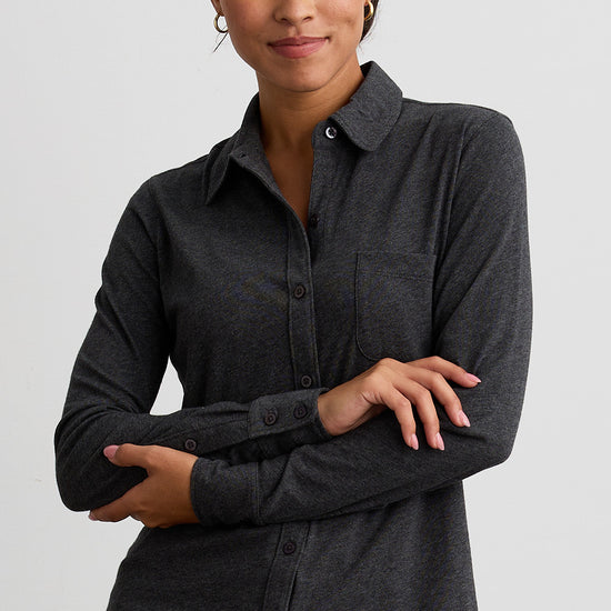 Women's 100% Organic Cotton Knit Button Down Shirt - Dark Charcoal Heather