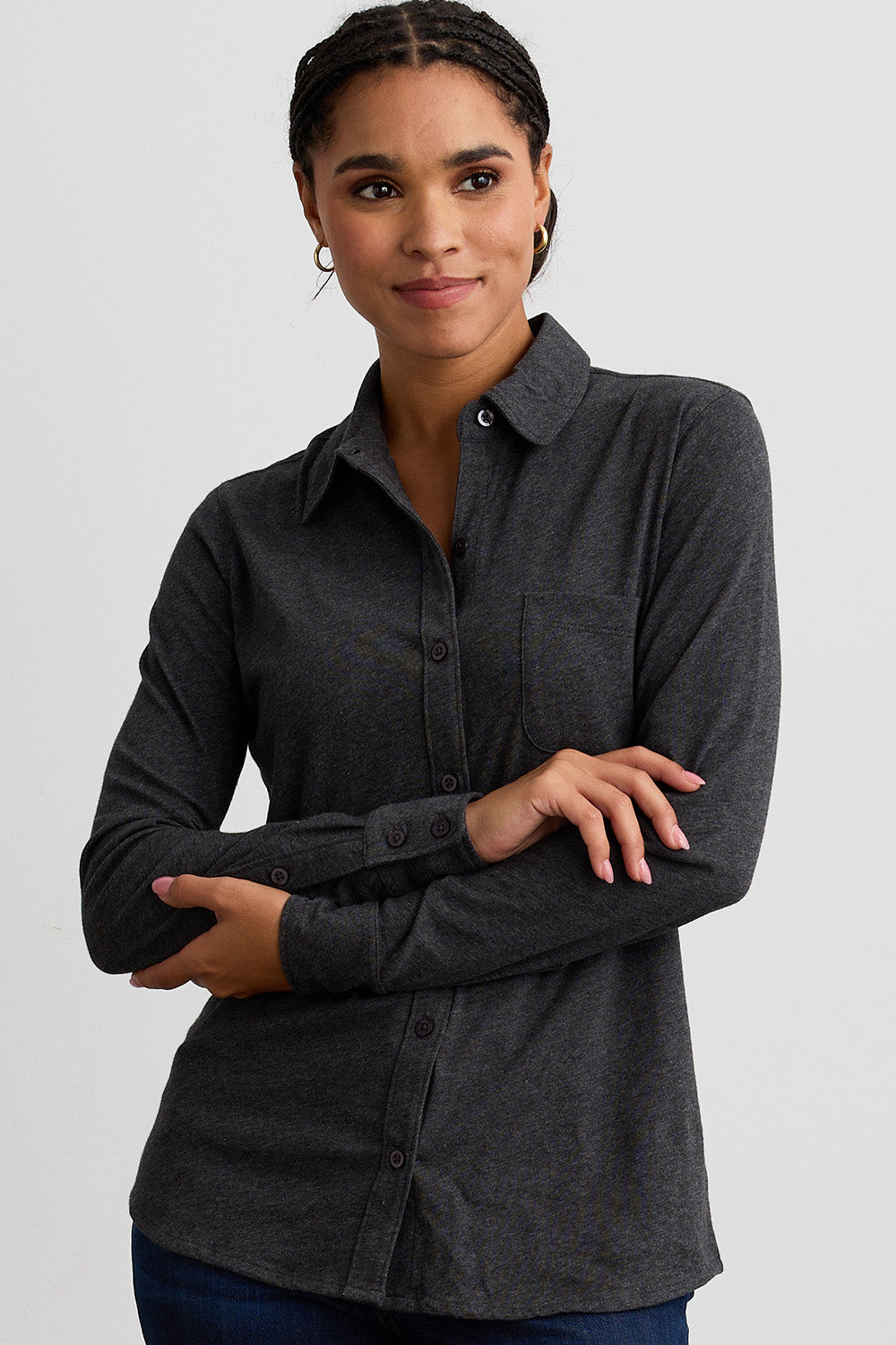 Women's 100% Organic Cotton Knit Button Down Shirt - Dark Charcoal Heather