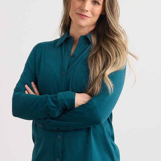 Women's 100% Organic Cotton Knit Button Down Shirt - Deep Teal