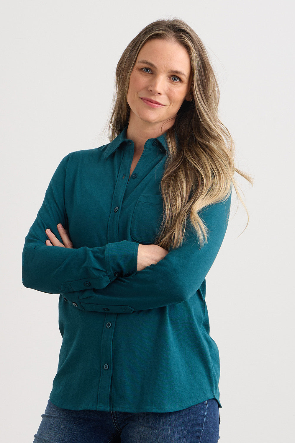 Women's 100% Organic Cotton Knit Button Down Shirt - Deep Teal