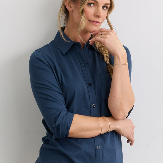 Women's 100% Organic Cotton Knit Button Down Shirt - Indigo