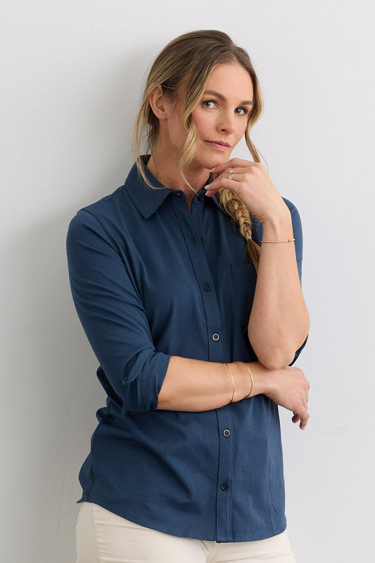 Women's 100% Organic Cotton Knit Button Down Shirt - Indigo