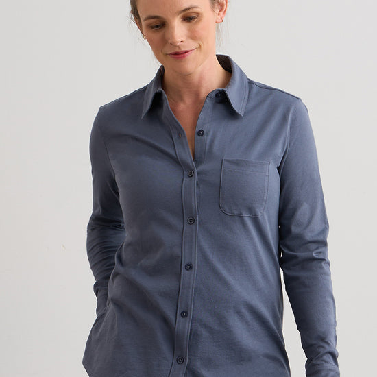 Women's 100% Organic Cotton Knit Button Down Shirt - Slate