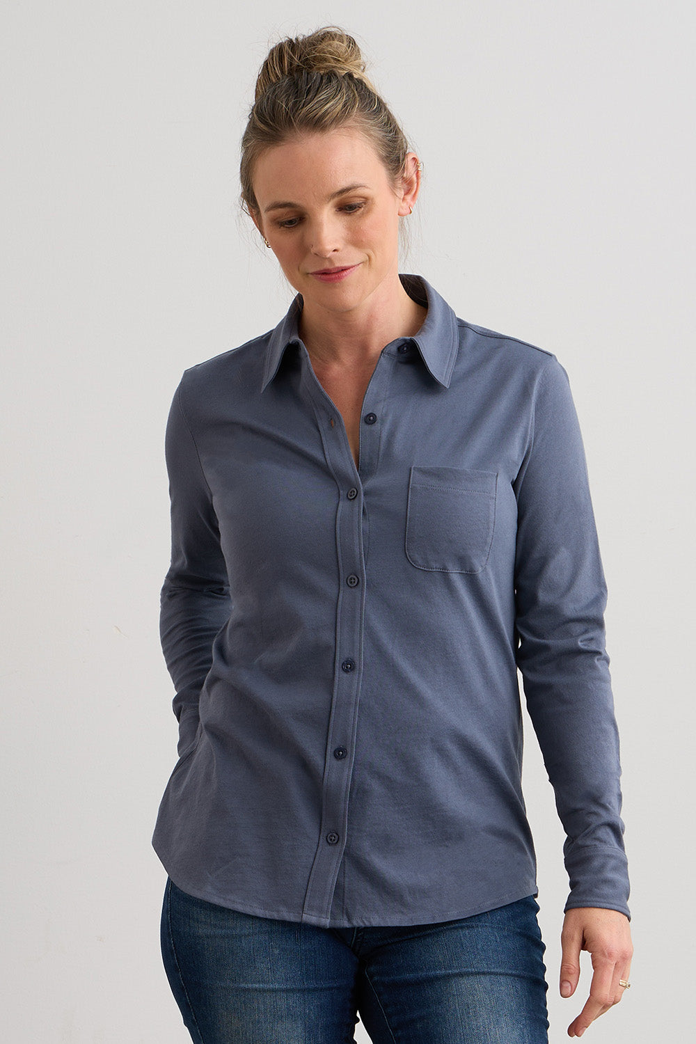 Women's 100% Organic Cotton Knit Button Down Shirt - Slate