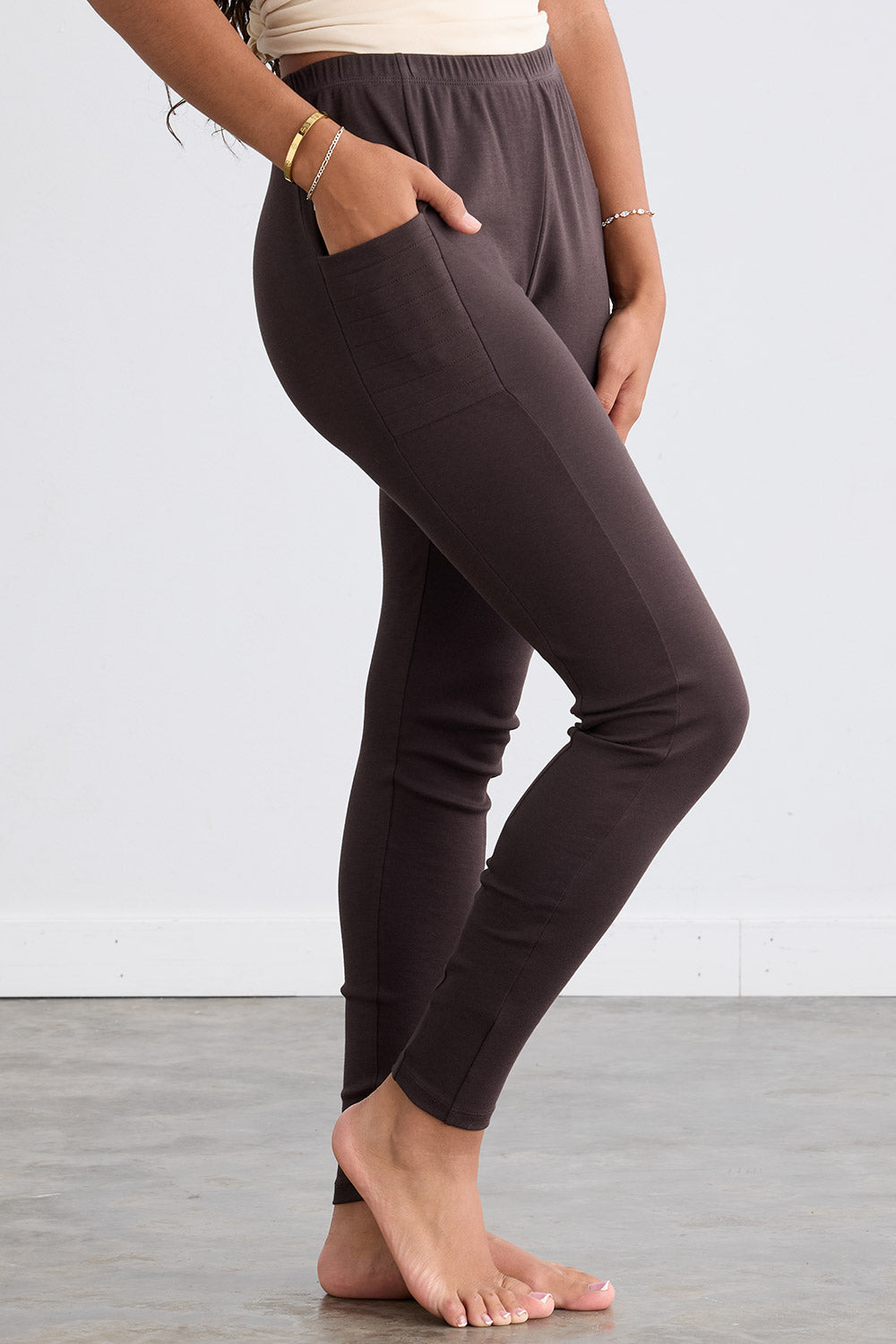 Women's Organic 100% Cotton Leggings with Pockets - Dark Chocolate