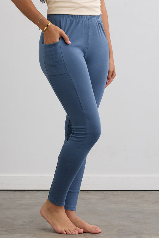 Women's Organic 100% Cotton Leggings with Pockets - Storm Blue