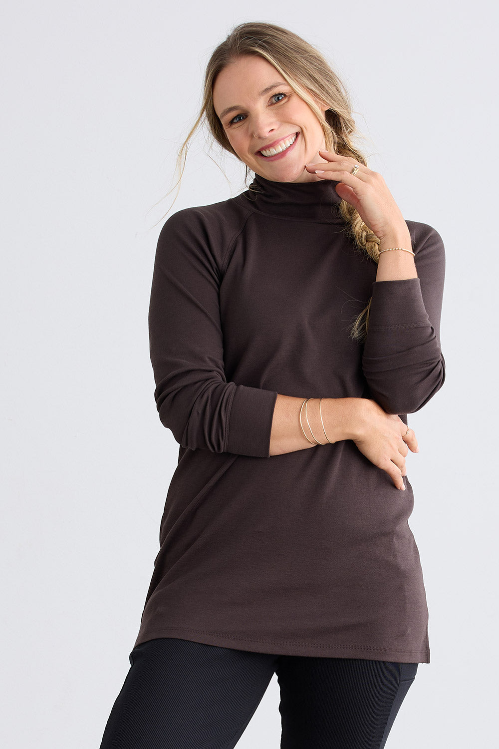 Women's Luxe 100% Organic Cotton High-Neck Tunic - Dark Chocolate