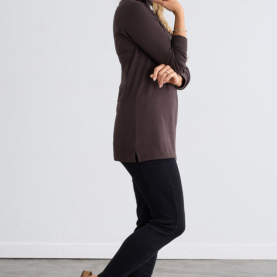 Women's Luxe 100% Organic Cotton High-Neck Tunic - Dark Chocolate