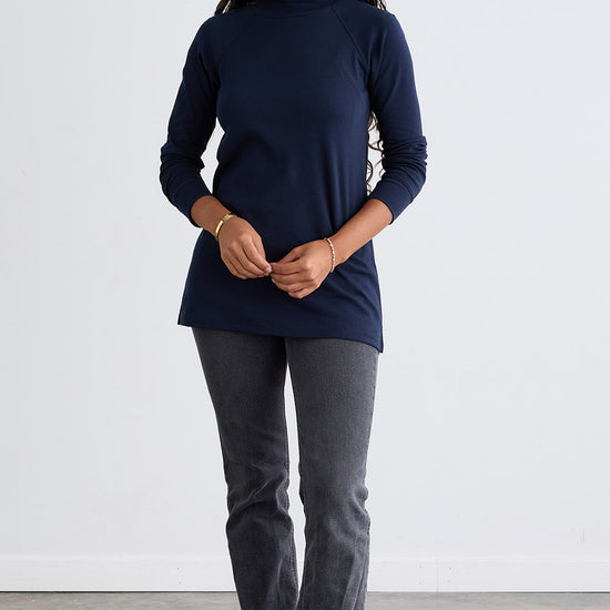 Women's Luxe 100% Organic Cotton High-Neck Tunic - Dark Navy