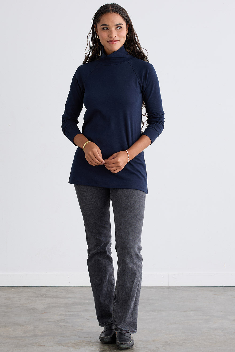Women's Luxe 100% Organic Cotton High-Neck Tunic - Dark Navy