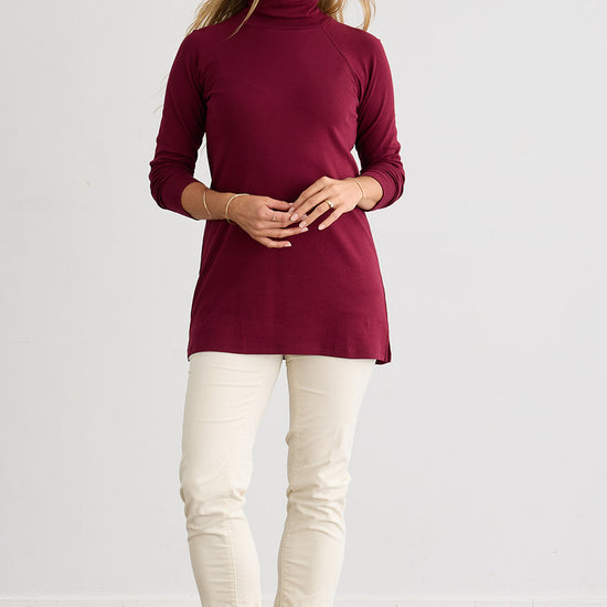 Women's Luxe 100% Organic Cotton High-Neck Tunic - Wine