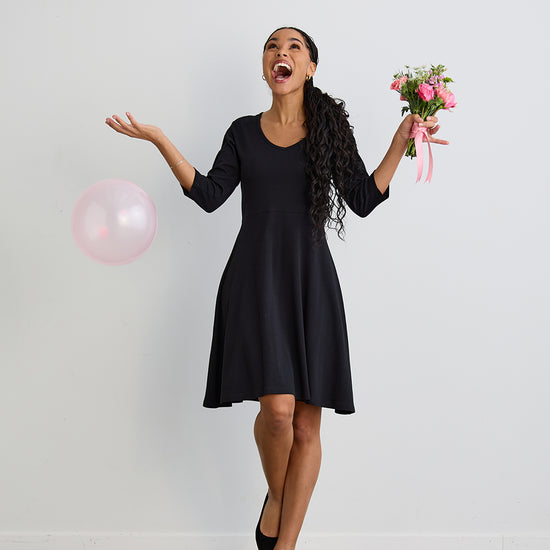 Women's 100% Organic Cotton 3/4 Sleeve V-Neck Dress - Black