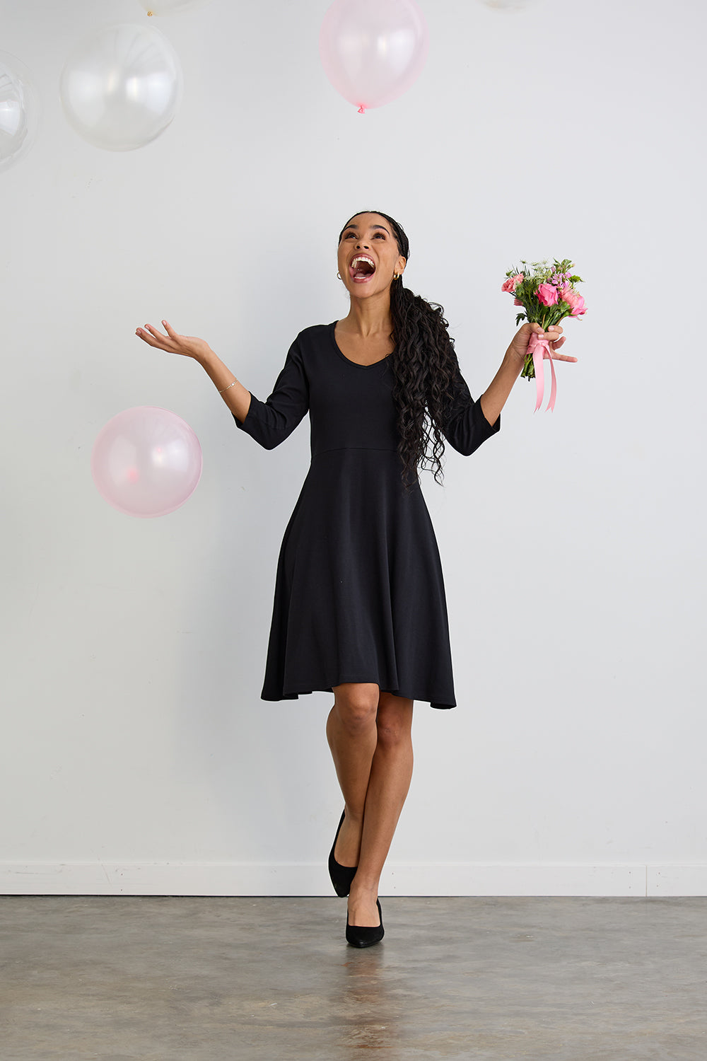 Women's 100% Organic Cotton 3/4 Sleeve V-Neck Dress - Black