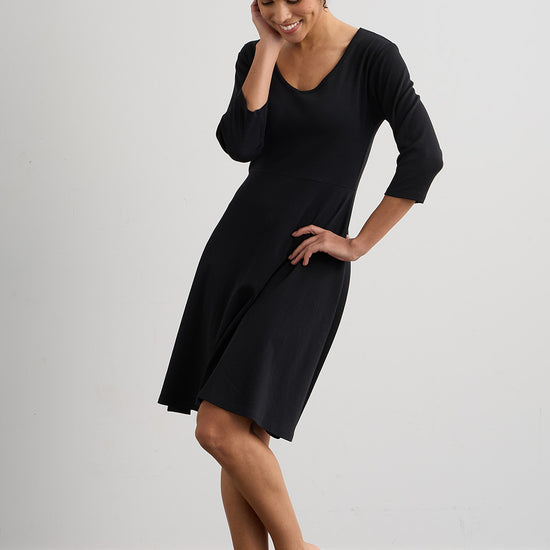 Women's 100% Organic Cotton 3/4 Sleeve V-Neck Dress - Black