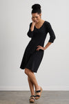 Women's 100% Organic Cotton 3/4 Sleeve V-Neck Dress - Black