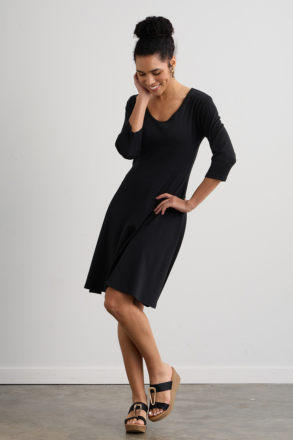 Women's 100% Organic Cotton 3/4 Sleeve V-Neck Dress - Black