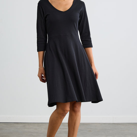 Women's 100% Organic Cotton 3/4 Sleeve V-Neck Dress - Black
