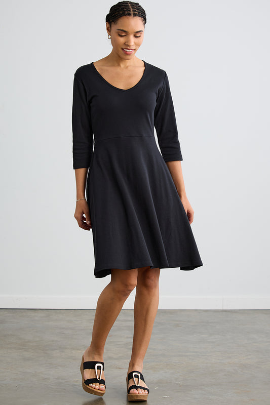Women's 100% Organic Cotton 3/4 Sleeve V-Neck Dress - Black