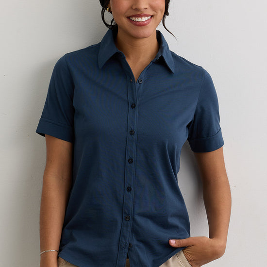Women's 100% Organic Cotton Short Sleeve Knit Button Down Shirt - Indigo